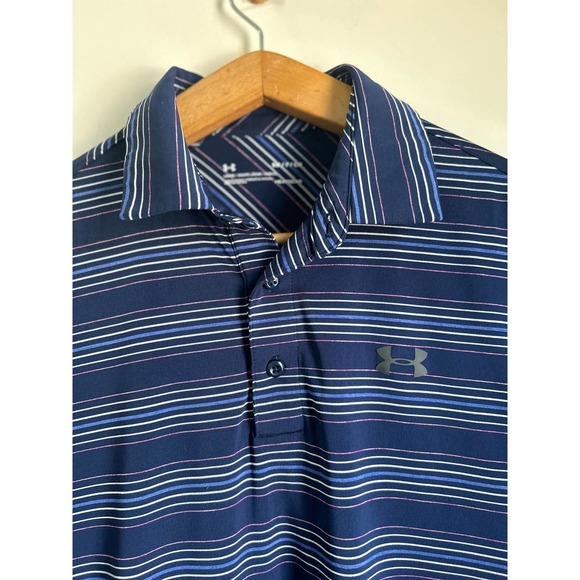 Under Armour Heat Gear High Stretch Striped Polo Shirt Navy Blue Men's Small - Picture 2 of 9